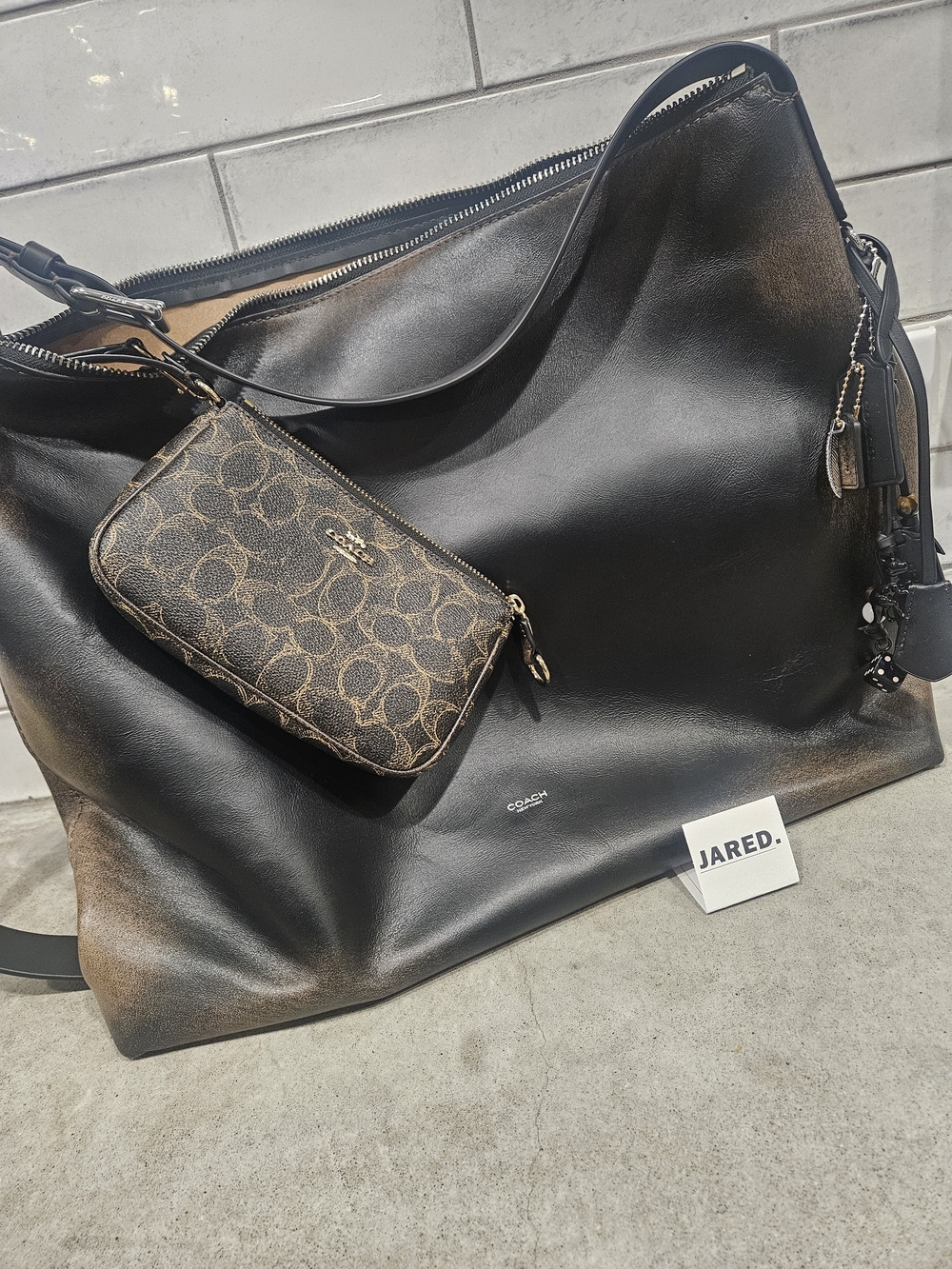 Coach Black Leather Tote with Brown Signature Canvas Wristlet